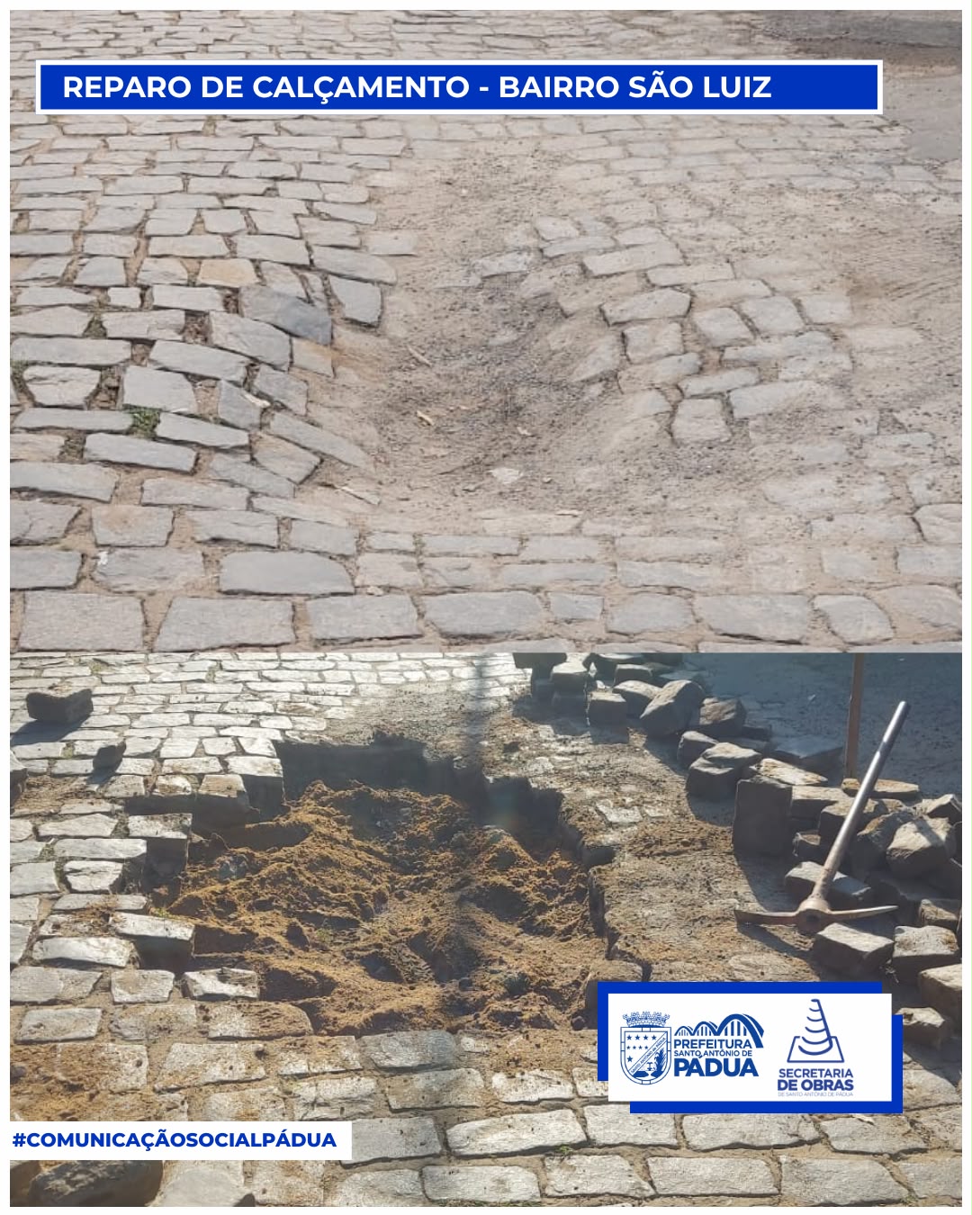 Secretaria de Obras intensifica manutenção do calçamento em vias de Santo Antônio de Pádua